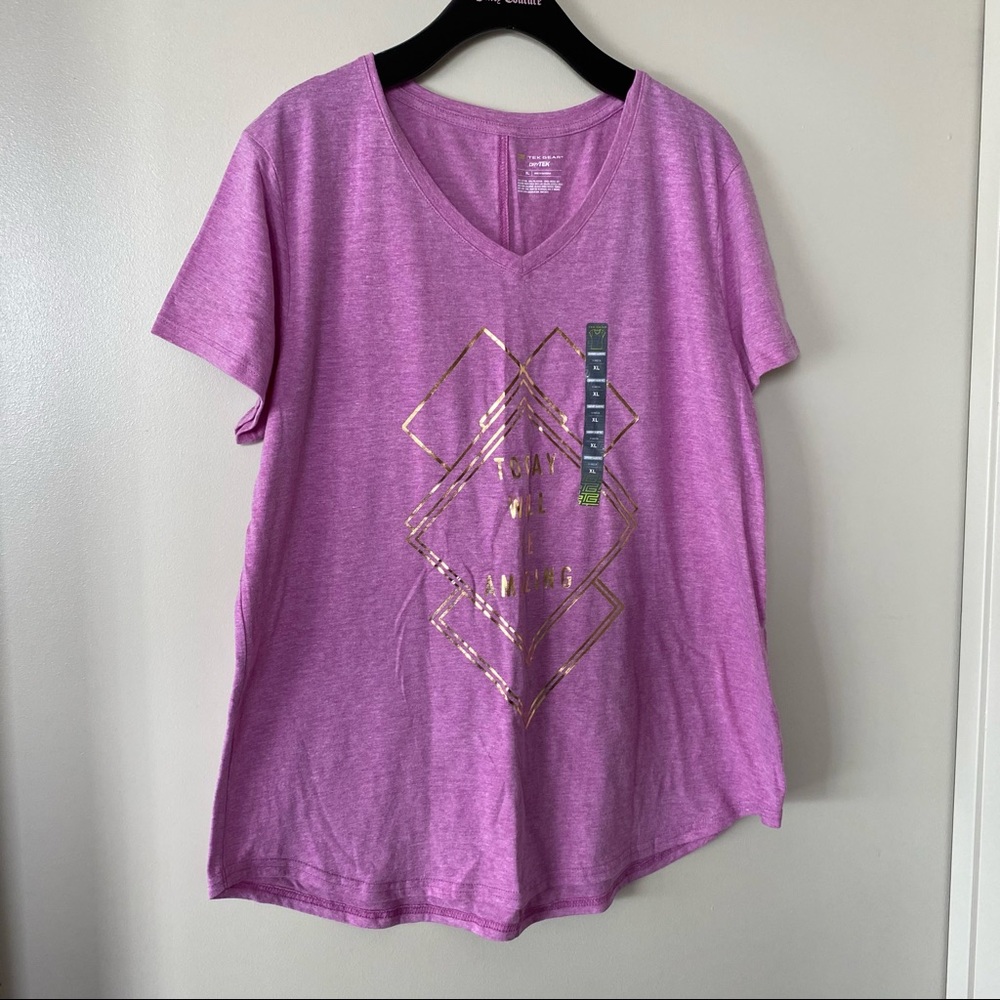 NWT Dry Tek | Purple "Today Will Be Amazing" V-Neck Short Sleeve T-Shirt, XL